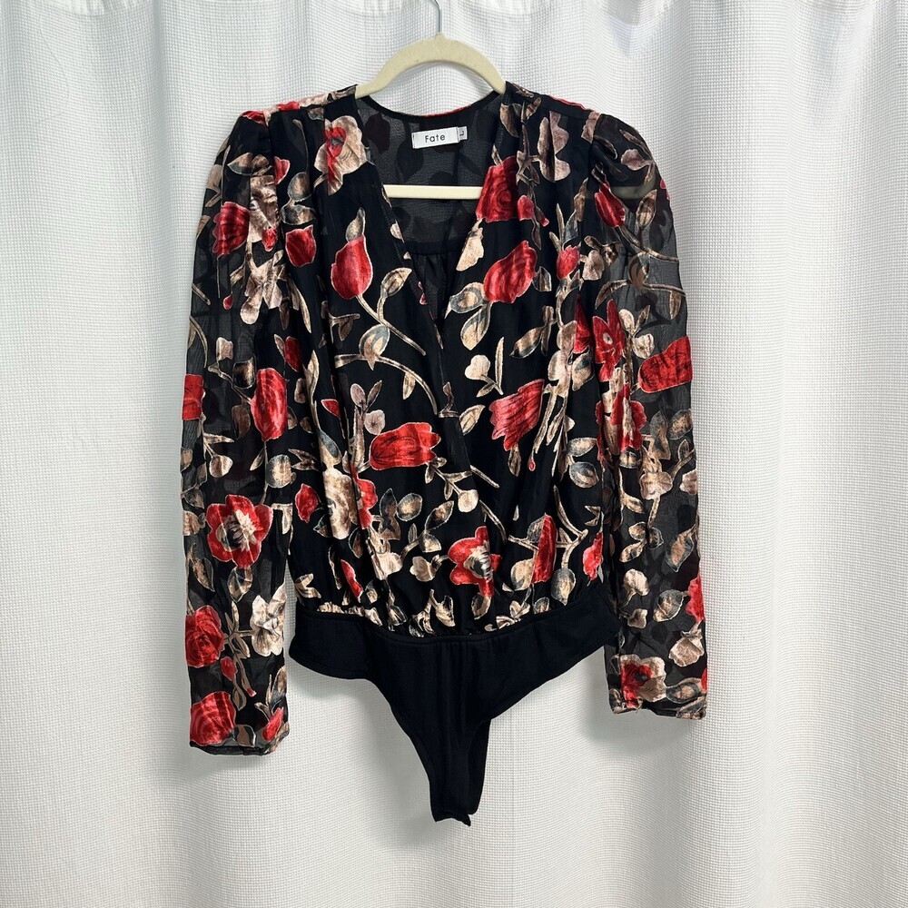 Fate Women’s Black Floral Velvet Burnout Body Suit Faux Wrap Large Whimsigoth